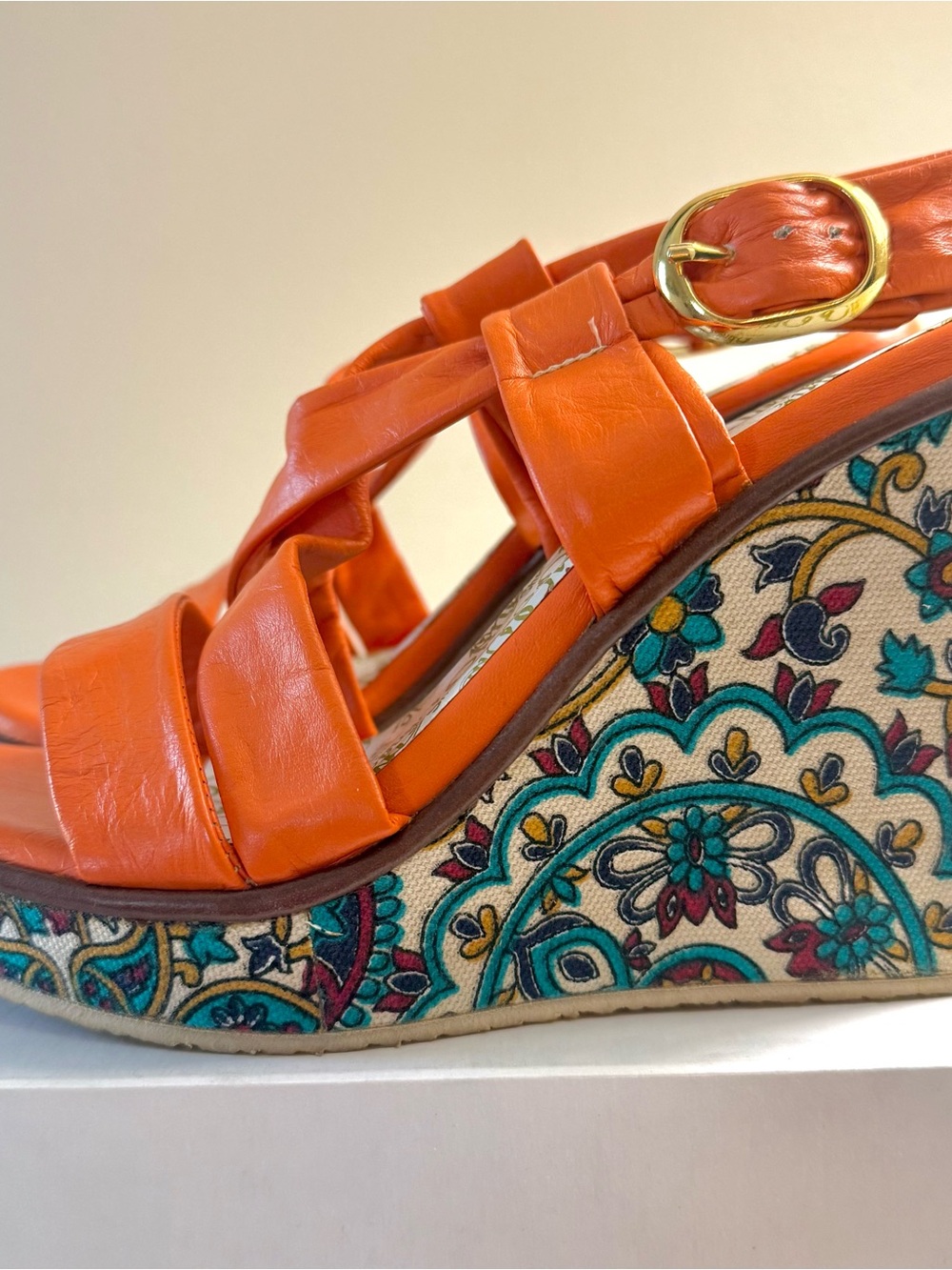 Orange Tapestry Patterned-Platform Wedge Sandals with Cross Straps- Size 8 - Picture 4 of 12